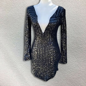 Shareen Collections Black Sequin Long Sleeve Bodycon Mini Cocktail Dress Size 10